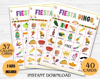 May include: Fiesta Bingo game cards with colorful illustrations of Mexican food and cultural items. The cards feature the text "Fiesta Bingo" and include 37 calling cards and 40 bingo cards. The words "Instant Download" are also visible.