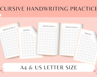 52 Printable Cursive Handwriting Practice Sheets | Neat Handwriting | Alphabet Writing | Practice Sheet | Penmanship | A4 and Us Letter size