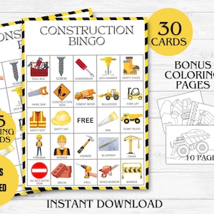 Bingo de construção, Bingo de construção para crianças, Festa de aniversário de construção, Atividade de bingo em sala de aula, Jogo de atividade pré-escolar