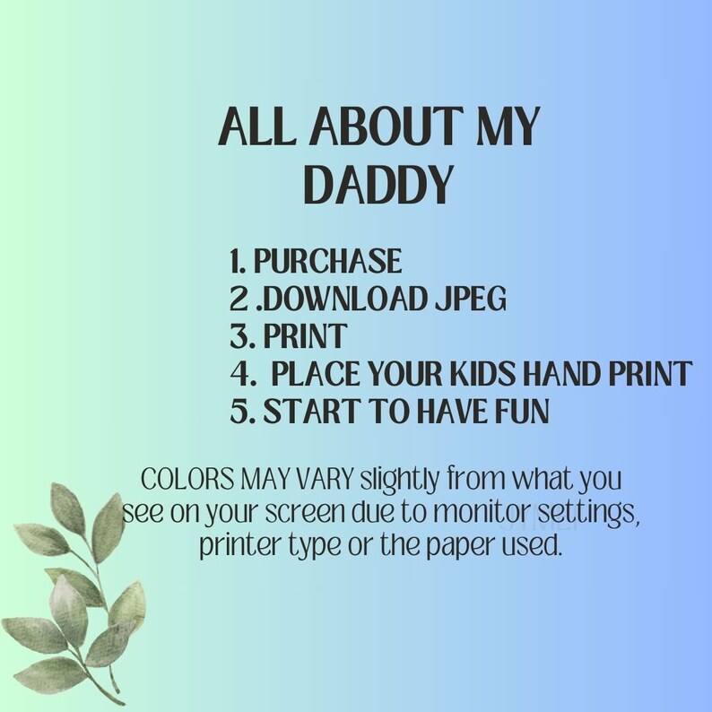 All About My Daddy Printable, Father's Day Gift, Father's Day Printable ...
