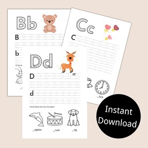 May include: A printable worksheet for kids to practice writing the letters B, b, C, c, D, and d. The worksheet includes images of a teddy bear, candy hearts, a reindeer, an ant, a drum, a dolphin, and a dog. The worksheet also includes the words "Fill the blank and color the object."
