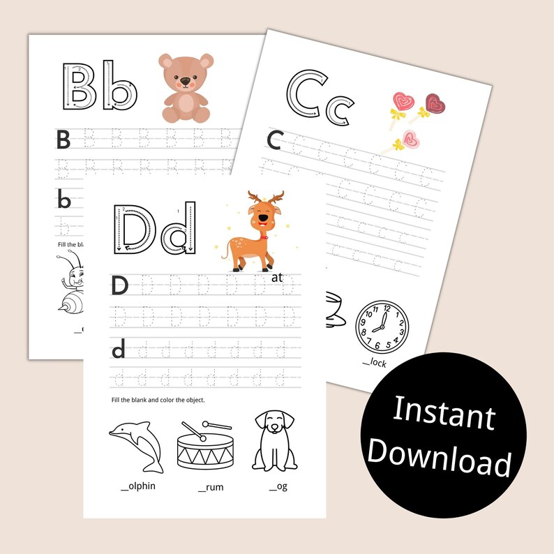 May include: A printable worksheet for kids to practice writing the letters B, b, C, c, D, and d. The worksheet includes images of a teddy bear, candy hearts, a reindeer, an ant, a drum, a dolphin, and a dog. The worksheet also includes the words "Fill the blank and color the object."