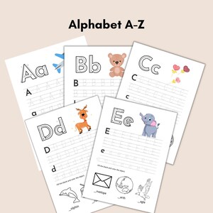 May include: Black and white alphabet tracing worksheets for kids. Each page features a letter of the alphabet, a picture, and dotted lines for tracing. The worksheets include the letters A, B, C, D, and E.