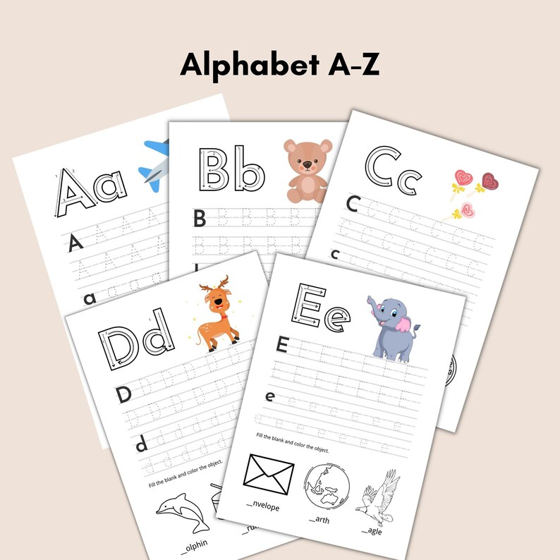 May include: Black and white alphabet tracing worksheets for kids. Each page features a letter of the alphabet, a picture, and dotted lines for tracing. The worksheets include the letters A, B, C, D, and E.