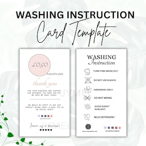 Bewerkbare wasinstructiekaartsjabloon | Shirtverzorgingskaart | Instructiekaart kledingverzorging | Bedankkaart | Direct downloaden
