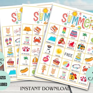 Zomerbingo, 40 unieke zomerbingokaarten, zomeractiviteit voor kinderen, zomervakantiespel, afdrukbaar bingospel, direct downloaden