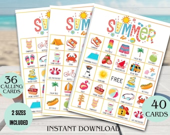 Pode incluir: Três cartões de bingo de verão imprimíveis com ilustrações coloridas de itens com tema de verão, como um maiô, uma bola de praia, sorvete e uma palmeira. Os cartões têm as palavras "Summer" no topo e "Free" no centro. O texto "36 Calling Cards" e "40 Cards" é visível nos lados esquerdo e direito da imagem.