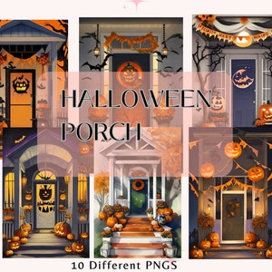Watercolor Halloween Porch Clipart | Halloween Decor | Spooky Clip Art | Digital Download