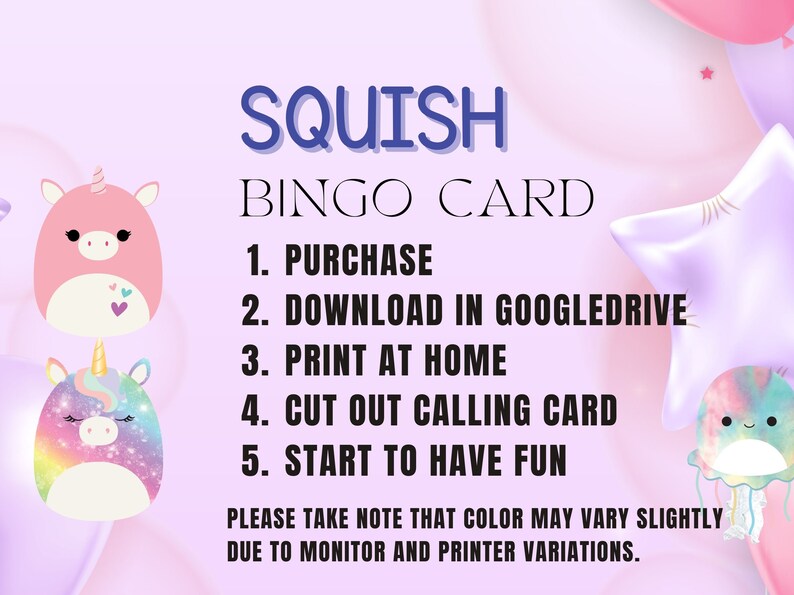 Printable Squish Bingo, Birthday Game, Squish Party Game, School Game ...
