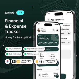 May include: A mobile app UI kit for financial tracking, featuring a dark and light theme. The app displays a total balance of $50,000.90, with options for adding transactions and viewing expenses. The kit includes customizable features and high-quality screens.