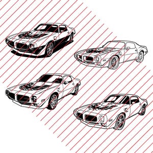 May include: A black and white line art illustration featuring four identical muscle cars arranged in a grid. Each vehicle displays a prominent eagle graphic on the hood, a split front grille, and multi-spoke wheels, all overlaid with diagonal red lines.
