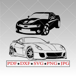 Puede incluir: Ilustraci&oacute;n en blanco y negro de dos coches deportivos. El coche de arriba es un Chevrolet Camaro y el coche de abajo es un Ferrari.