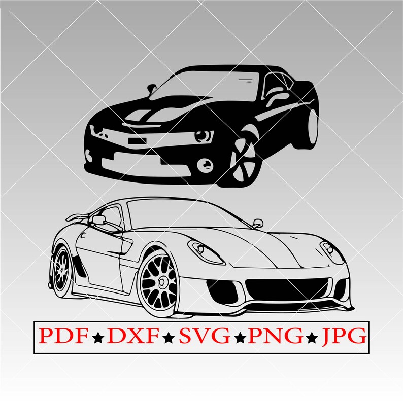 Puede incluir: Ilustraci&oacute;n en blanco y negro de dos coches deportivos. El coche de arriba es un Chevrolet Camaro y el coche de abajo es un Ferrari.