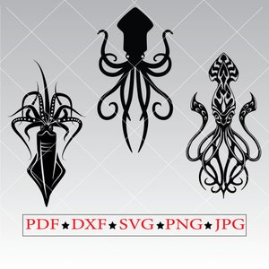 Squid SVG Bundle, Tribal Octopus Tattoo PNG Clipart for Cricut, Nautical Sea Monster Cut File, Gothic Vector Digital Download Art