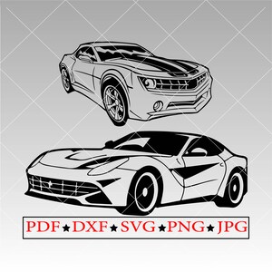 Puede incluir: Ilustraci&oacute;n en blanco y negro de dos coches deportivos. El primer coche es un Camaro con una franja negra en el cap&oacute;. El segundo coche es un Ferrari con una franja negra en el lateral.
