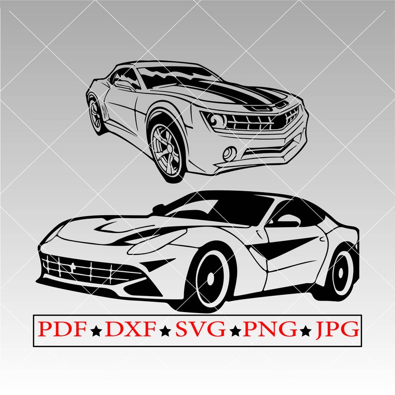 Puede incluir: Ilustraci&oacute;n en blanco y negro de dos coches deportivos. El primer coche es un Camaro con una franja negra en el cap&oacute;. El segundo coche es un Ferrari con una franja negra en el lateral.