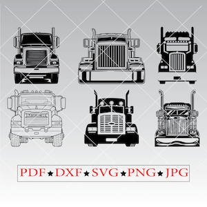 May include: A set of six black and white silhouette images of semi-trucks. The trucks are facing forward and have different styles of grills and headlights. The images are perfect for use in crafting projects, scrapbooking, or digital design.