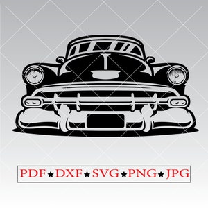 May include: Black and white silhouette of a classic car, viewed from the front. The car has a large, rounded hood and a chrome bumper with a grill.