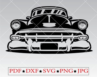 Puede incluir: Silueta en blanco y negro de un coche clásico, visto de frente. El coche tiene un capó grande y redondeado y un parachoques cromado con una parrilla.