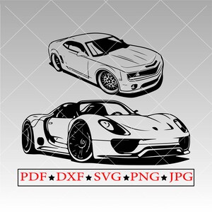 Puede incluir: Ilustraci&oacute;n en blanco y negro de dos coches deportivos. Los coches est&aacute;n de frente al espectador y est&aacute;n dibujados de forma simple y estilizada. El coche de arriba es un coup&eacute; y el coche de abajo es un descapotable.