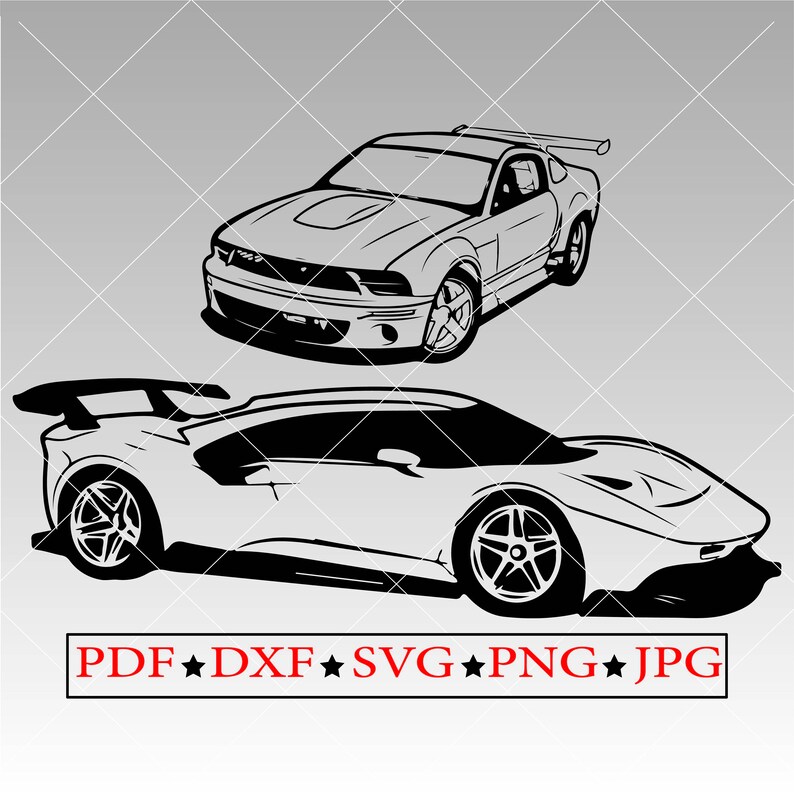 Puede incluir: Ilustraci&oacute;n en blanco y negro de dos coches deportivos. El primer coche es un Ford Mustang con un aler&oacute;n. El segundo coche es un coche deportivo moderno y elegante con un gran aler&oacute;n trasero.