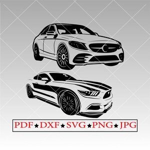 Puede incluir: Silueta en blanco y negro de dos coches. El coche de arriba es una berlina con un dise&ntilde;o elegante. El coche de abajo es un coche deportivo con un aspecto m&aacute;s agresivo. Ambos coches est&aacute;n mirando al espectador.
