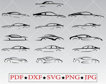 Paquete de archivos SVG con contornos de coches deportivos, arte lineal minimalista (descarga digital)
