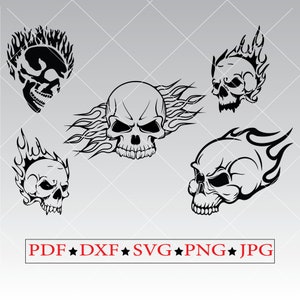 Puede incluir: Diseños de cinco calaveras en blanco y negro con llamas, ideales para diversos usos. La imagen incluye el texto "PDF, DXF, SVG, PNG, JPG" en un rectángulo rojo, indicando formatos de archivo.