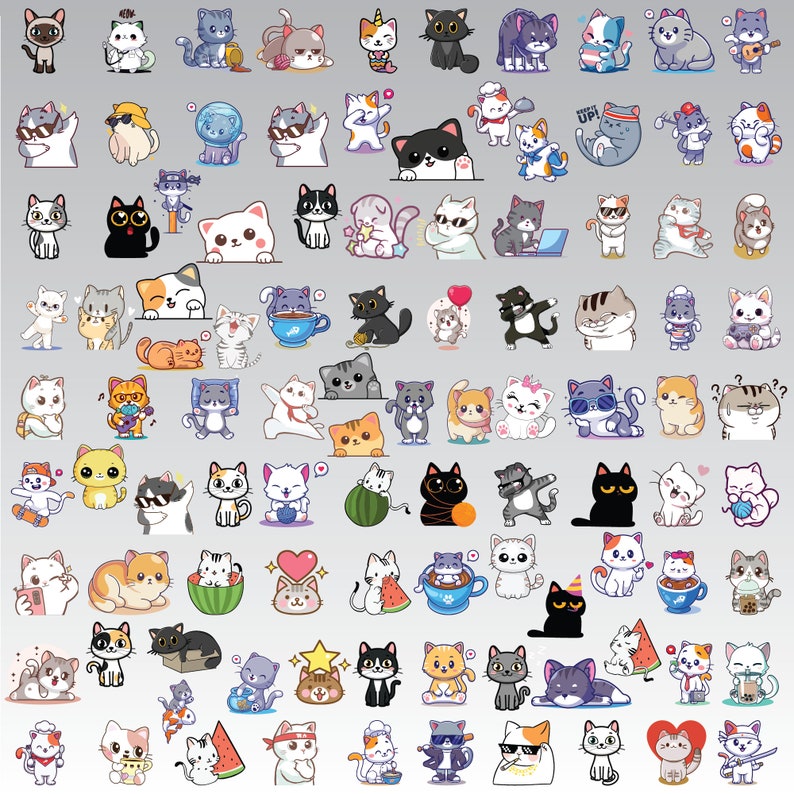 100 Cute Cats SVG Bundle, Kawaii Kitty PNG Clipart for Cricut, Chibi ...
