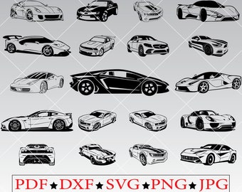 Paquete SVG de autos deportivos, imágenes prediseñadas PNG de autos de carreras de lujo para Cricut, archivo de corte de silueta de superdeportivo, conjunto de arte digital de descarga de vehículos rápidos