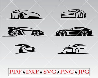 May include: Set of six black and white silhouette images of sports cars. The cars are in different poses, some are speeding, some are stationary. The images are suitable for use as cut files for crafting projects.