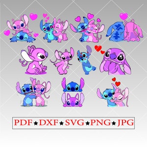 May include: A collection of cartoon illustrations featuring the characters Stitch and Angel in various poses. The images are in shades of blue and pink, with hearts and the text "PDF, DXF, SVG, PNG, JPG".