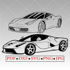 Puede incluir: Dibujo de l&iacute;nea de dos coches deportivos Ferrari rojos. El coche de arriba es un 458 Italia y el coche de abajo es un LaFerrari.