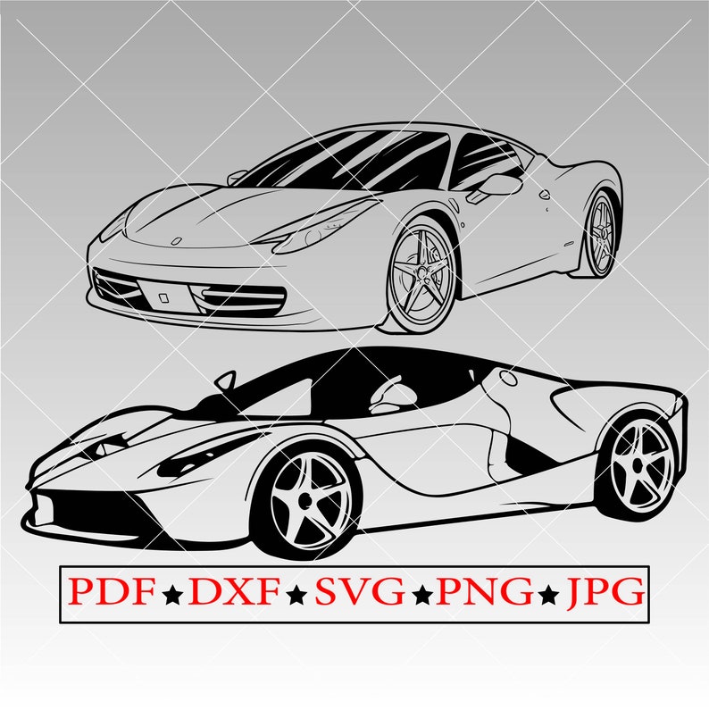 Puede incluir: Dibujo de l&iacute;nea de dos coches deportivos Ferrari rojos. El coche de arriba es un 458 Italia y el coche de abajo es un LaFerrari.