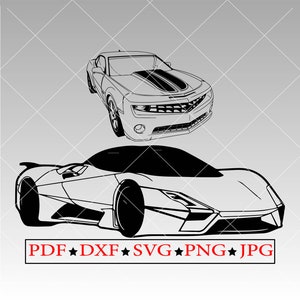 Puede incluir: Ilustraci&oacute;n en blanco y negro de dos coches deportivos. El coche de arriba es un Chevrolet Camaro y el coche de abajo es un coche deportivo moderno.