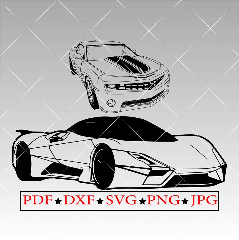 Puede incluir: Ilustraci&oacute;n en blanco y negro de dos coches deportivos. El coche de arriba es un Chevrolet Camaro y el coche de abajo es un coche deportivo moderno.