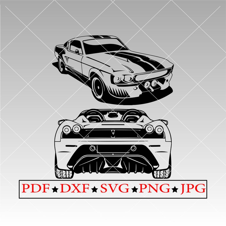 Puede incluir: Silueta en blanco y negro de dos coches deportivos. El primer coche es un coche cl&aacute;sico de m&uacute;sculo con una franja negra en el cap&oacute;. El segundo coche es un coche deportivo moderno con una vista trasera.