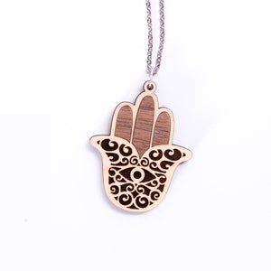 Hamsa necklace, wood evil eye necklace, hand evil eye necklace, hand evil eye jewelry, middle eastern themed jewelry, pretty wood necklace