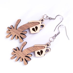Coffee cup earrings, spilled coffee earrings, wood coffee earrings, dangly coffee earrings, quirky wood earrings