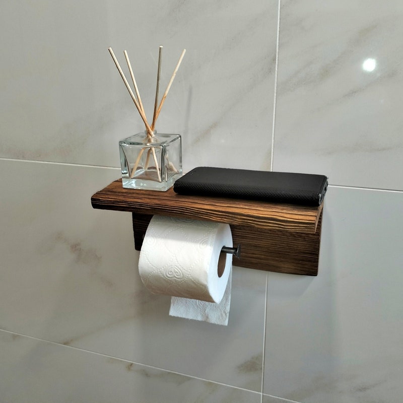 Toilettenpapierhalter Mit Regal Aus Walnuss – Vintage Industriedesign, 20x12 Cm, Mit Ablage Für Handy & Zubehör