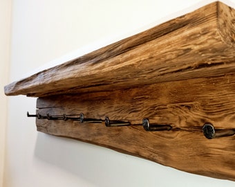 Old Rustic Beam Wood Wall Coat Rack. Coat Rack. Hanger With Shelf. Towel Hook . Wall Rack.  Entryway Organizer. Handcrafted Hanger,Keys.