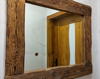 Reclaimed Wood Mirror: Rustic Farmhouse Style, Hand-Hewn Pine