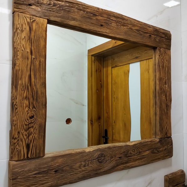 Miroir mural en bois naturel. Miroir en bois rustique. Cadre rétro fabriqué à la main. Cadre en bois suspendu. Old Wood.Love,Sweet