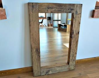 Rustic Oak Wood Wall Mirror: Hand-Hewn Reclaimed Wood Frame