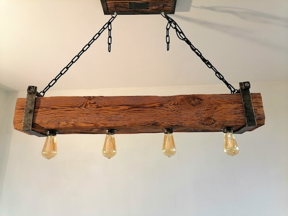 Old Beam Wood Chandelier. Rustic Light Fixture. Wooden Beam Light