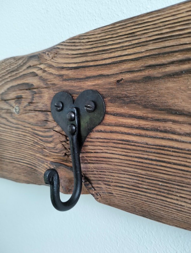 Reclaimed Wood Coat Rack, Heart Hook Hanger, Hand Forged Rustic Decor ...