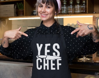 YES CHEF Apron - funny humor gift - Full length with pockets and back tie - Unisex Long Fit