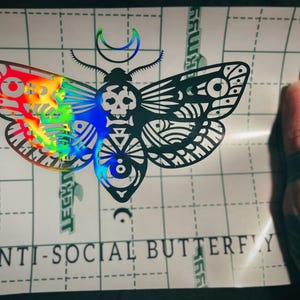 May include: A vinyl decal featuring a moth with a skull on its thorax and a crescent moon above its head. The left wing displays a vibrant holographic rainbow effect, while the right wing is solid black. The text ANTI-SOCIAL BUTTERFLY is below.