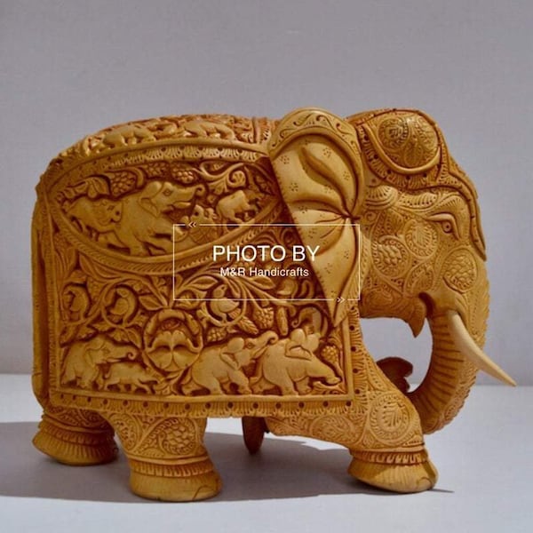 Wooden Very Fine Carved Elephant with Body Carving