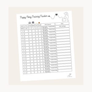 May include: A white printable puppy potty training tracker with a header that reads "Puppy Potty Training Tracker." The chart includes columns for date, time, food, water, pee, poop, and notes. A dog illustration is in the upper right corner.